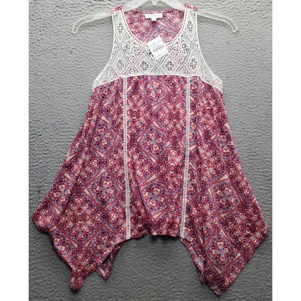 SOCIALITE Tunic Top‎ Womens Small Multi Crochet Panel Keyhole Back Sharkbite Hem